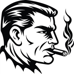 Confident retro man smokes a cigar; black silhouette displays a classic masculine aesthetic