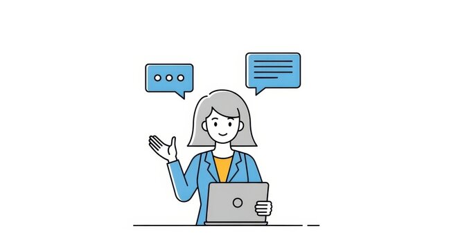 Businesswoman using laptop with speech bubbles representing communication and feedback minimal
