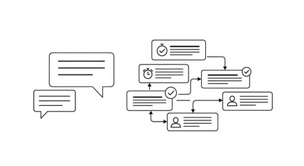 Workflow visualization with communication bubbles outlining a process of tasks and approvals