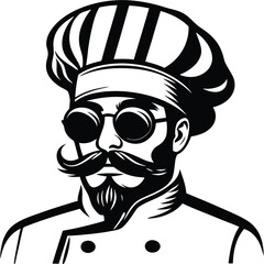 Black and white illustration depicts chef with beard, glasses, and toque hat