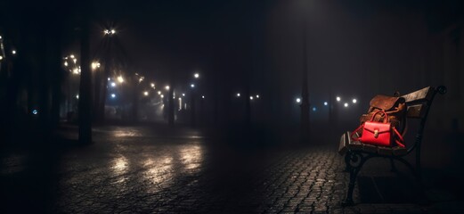 A woman's handbag and a leather backpack lie on a bench. Image with free space for text.