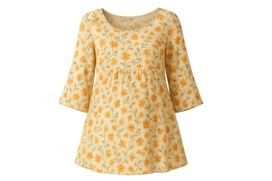 Stylish women's floral print bell sleeve tunic, isolated on transparent background.