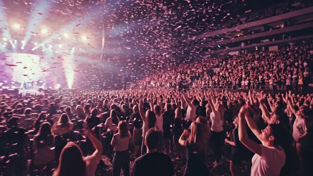 Energetic crowd of fans dancing and cheering with hands up at a live music concert under a spectacular shower of falling confetti and bright purple stage lights in a packed arena