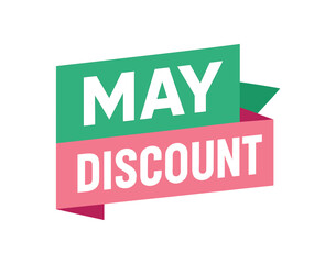 Fototapeta premium Flat vector banner design text May Discount bold geometric font green and pink palette ribbon folded shape