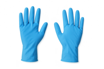 Pair of blue protective disposable gloves isolated on transparent background.