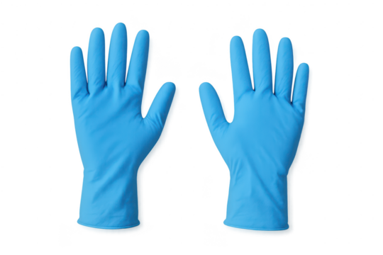 Pair of blue protective disposable gloves isolated on transparent background.