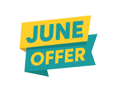 Flat vector banner design text June Offer bold geometric font and turquoise palette ribbon folded shape