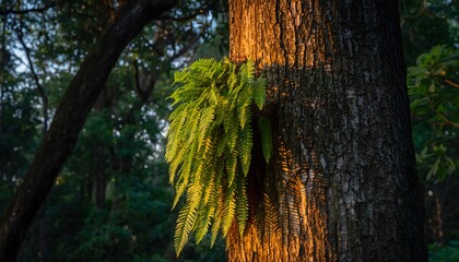 Bird&rsquo;s nest fern (Asplenium nidus) growing naturally attached to a tree trunk in a tropical rainforest. The natural ecosystem of humid tropical forests. 