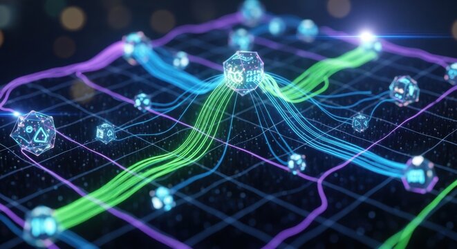 Network visualization displays glowing nodes connected by vibrant data streams on a grid representing complex systems and futuristic technology illustrating the flow of information in cyberspace and