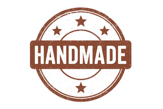 Vintage rubber stamp HANDMADE circular seal with stars bold lettering faded brownred ink texture print effect isolated on white background vector illustration