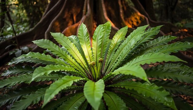 Bird&rsquo;s nest fern (Asplenium nidus) growing naturally attached to a tree trunk in a tropical rainforest. The natural ecosystem of humid tropical forests. 