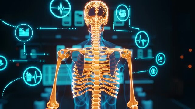 A digital skeleton with health data visualizations.