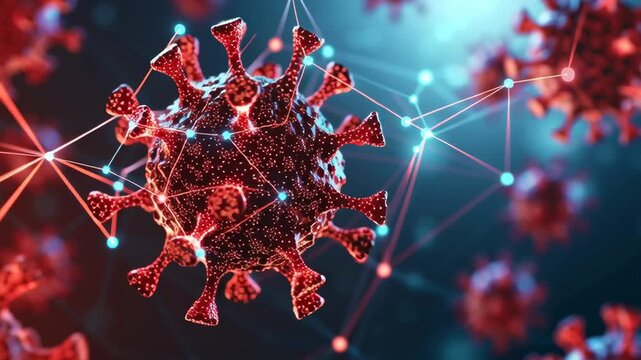 3D rendering of a virus with red spikes and connections.