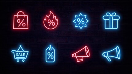 Neon Sale Icons Vector Set: Glowing Shopping, Discount, and E-commerce Symbols on Dark Brick Wall Background
