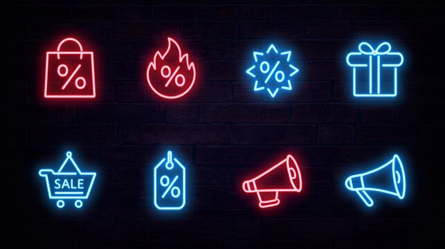 Neon Sale Icons Vector Set: Glowing Shopping, Discount, and E-commerce Symbols on Dark Brick Wall Background - Powered by Adobe