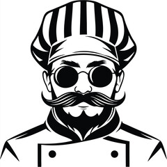 Chef portrait showcasing a retro mustache, beard, chef hat, and black eyewear