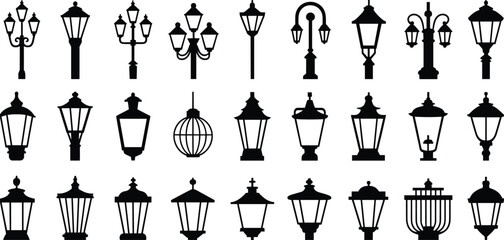 Street lamp silhouette collection illustration, vintage and modern lantern styles in black vector for urban design or architectural inspiration © MDABDULLAHAL