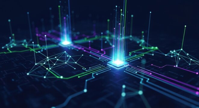 Circuit board features glowing nodes and data streams representing advanced technology concepts like artificial intelligence and cyber security showcasing a modern digital network and futuristic comm