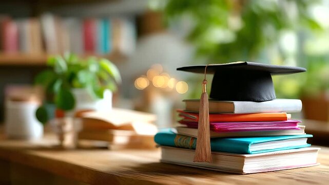 Graduation cap sits atop stack of colorful study books, represents learning, academic success, achievement, ample copy space for text overlays, ideal for educational content, unive
