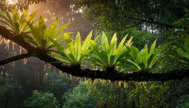Bird&rsquo;s nest fern (Asplenium nidus) growing naturally attached to a tree trunk in a tropical rainforest. The natural ecosystem of humid tropical forests. 
