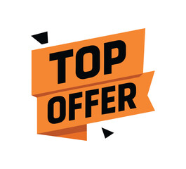 Flat vector banner design text Top Offer bold geometric font black and orange palette ribbon folded shape