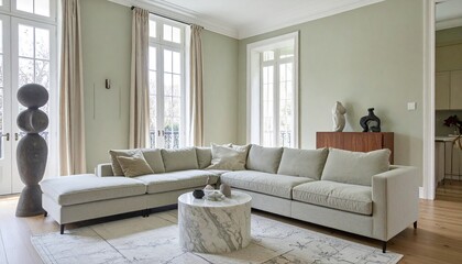 Sage and Ivory Living Room With Linen Sofa and Marble Table