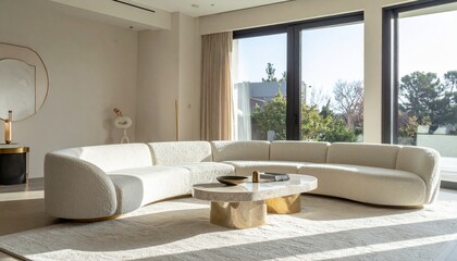 Warm Beige and Gold Luxury Living Room With Boucle Sofa