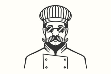 Cartoon chef with round glasses and a handlebar mustache dons classic chef's attire