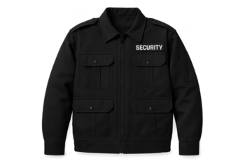 Black security jacket with 'SECURITY' patch, isolated on transparent background.