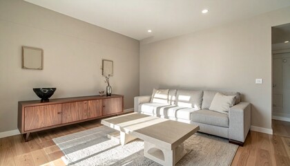 Taupe and Walnut Modern Living Room With Linen Sofa