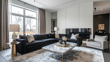 Charcoal and Champagne Living Room With Boucle Sofa and Marble Table