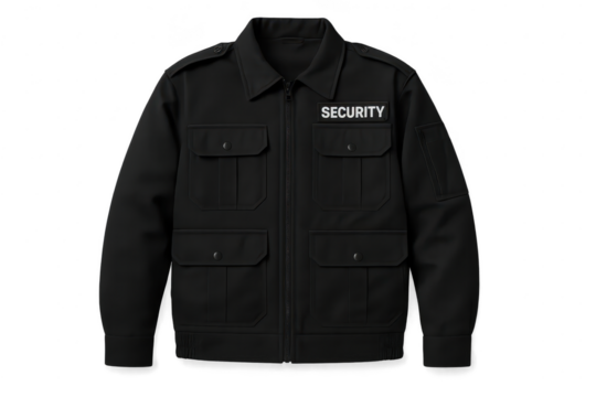 Black security jacket with 'SECURITY' patch, isolated on transparent background.