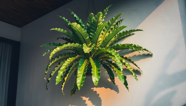 Bird&rsquo;s Nest Fern (Asplenium nidus) displayed as an interior ornamental plant, featuring lush green tropical foliage. Indoor gardening