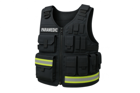 Paramedic tactical vest with reflective strips, isolated on transparent background