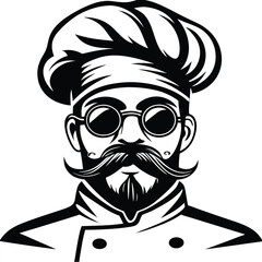 A bearded cook wearing chef's hat and glasses is illustrated in black and white