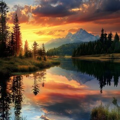 Fototapeta premium Forest lake reflection at sunset with colorful sky Photo