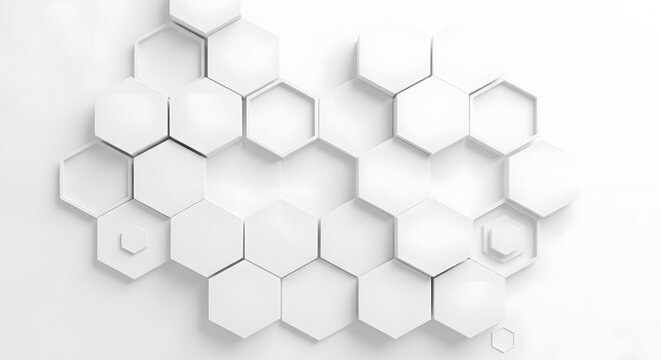 Abstract white hexagonal geometric background pattern, clean design with futuristic and modern appeal, subtle shadows for depth and texture