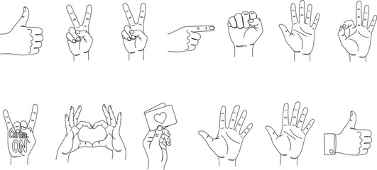 Hand gesture vector set with thumbs up, peace signs, counting fingers, pointing hand and heart symbol line art illustration