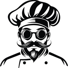 Confident chef with mustache and glasses sports iconic black and white food preparation attire
