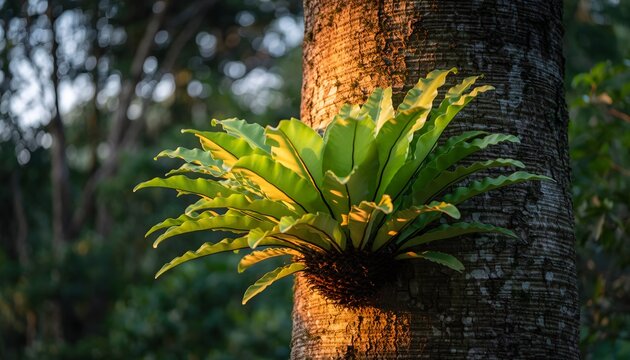 Bird&rsquo;s nest fern (Asplenium nidus) growing naturally attached to a tree trunk in a tropical rainforest. The natural ecosystem of humid tropical forests. 