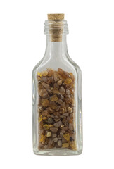old and vintage bottle of medicine  with amber on white, isolated