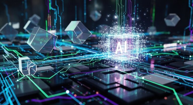 Artificial intelligence cube glows brightly amidst a complex network of circuits and floating cubes representing advanced technology and the future of computing showcasing machine learning and innova