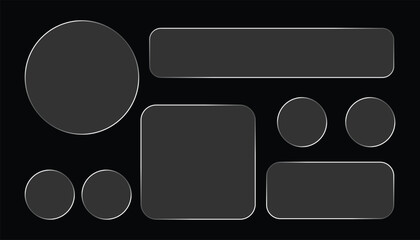 Set of glass morphism buttons and elements modern user interface design isolated on black background