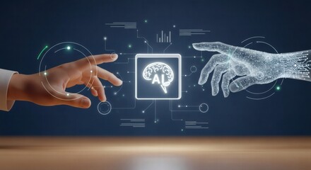 Ai technology connection between human and robotic hand – Digital interface symbol