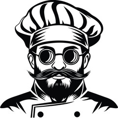 Black and white cook with rounded glasses and a mustache is illustrated