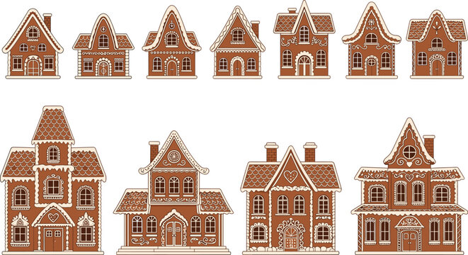 Gingerbread house vector set with cute Christmas cookie cottages, winter holiday sweets, icing decorations and festive ginger bread home design