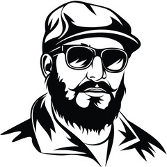 Fototapeta premium Bearded man with sunglasses and cap looks forward in a stylish black and white style
