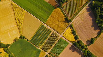 Vibrant patchwork of farmland seen from above during late summer with crops in various stages of growth