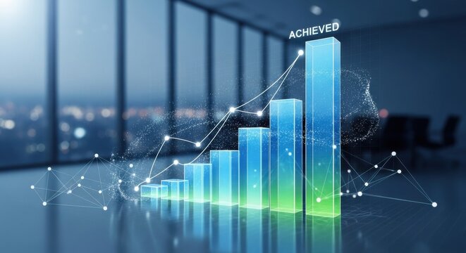 Business growth chart displays increasing bar graphs with the word achieved in the background representing financial success strategic planning and positive market trends indicating a company's upwar
