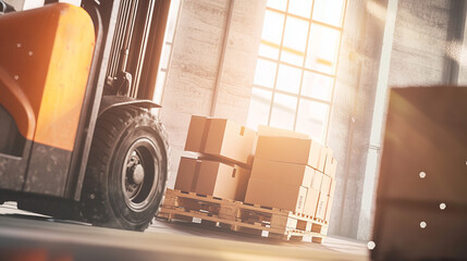 Forklift moving boxes in a warehouse with sunlight streaming through large windows